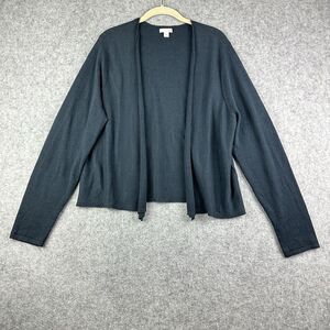 J Jill Open Front Cardigan Sweater Womens L Black Linen Blend Knit Roll Hem*